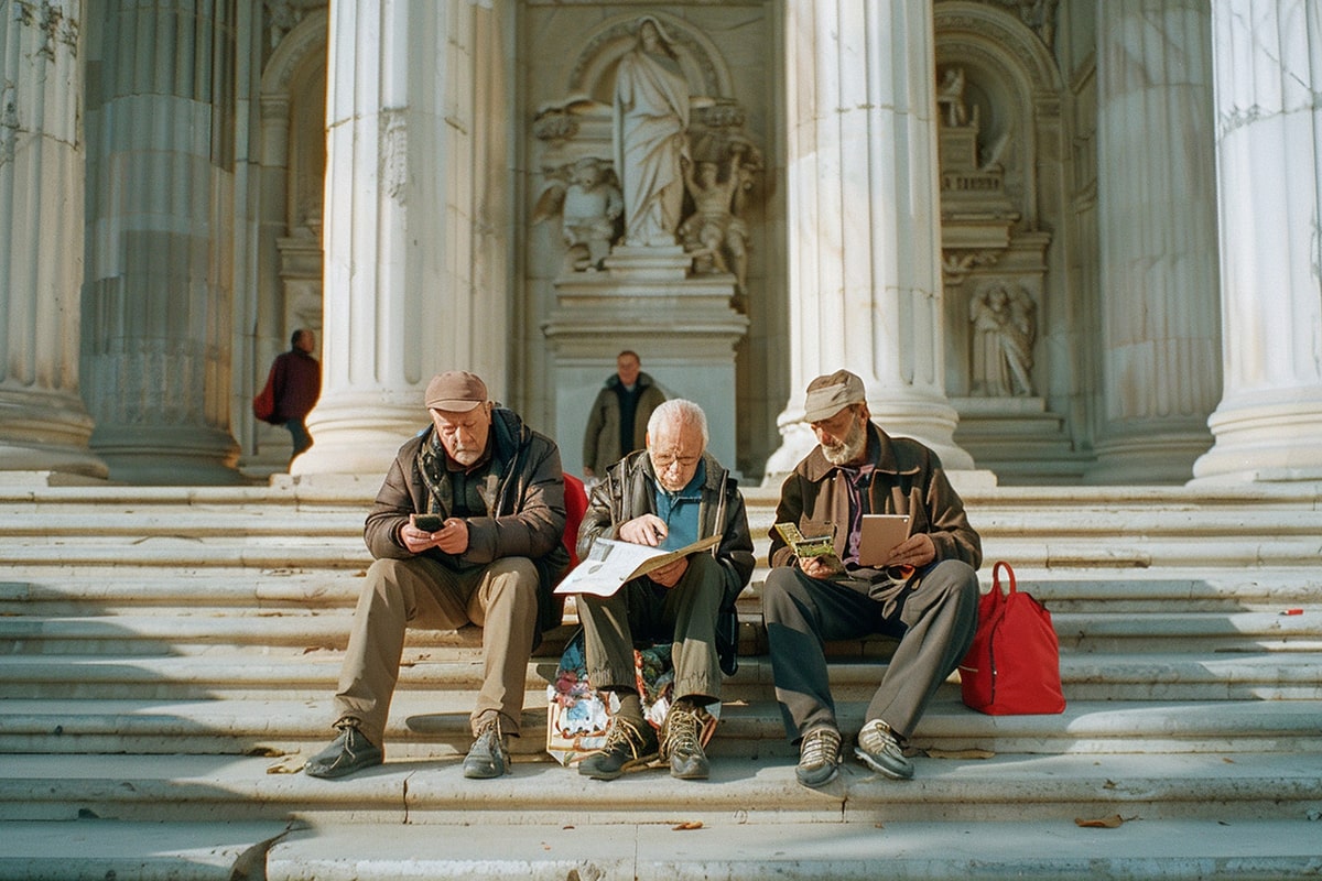 Elderly Men on Architectural Steps-min